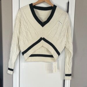 Commense Cream V-Neck Cable Knit Sweater with Black Trim